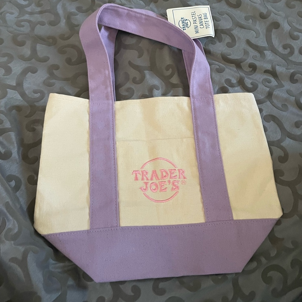 NWT. Trader Joe’s Mini Pastel Purple and Cream Canvas Tote Bag